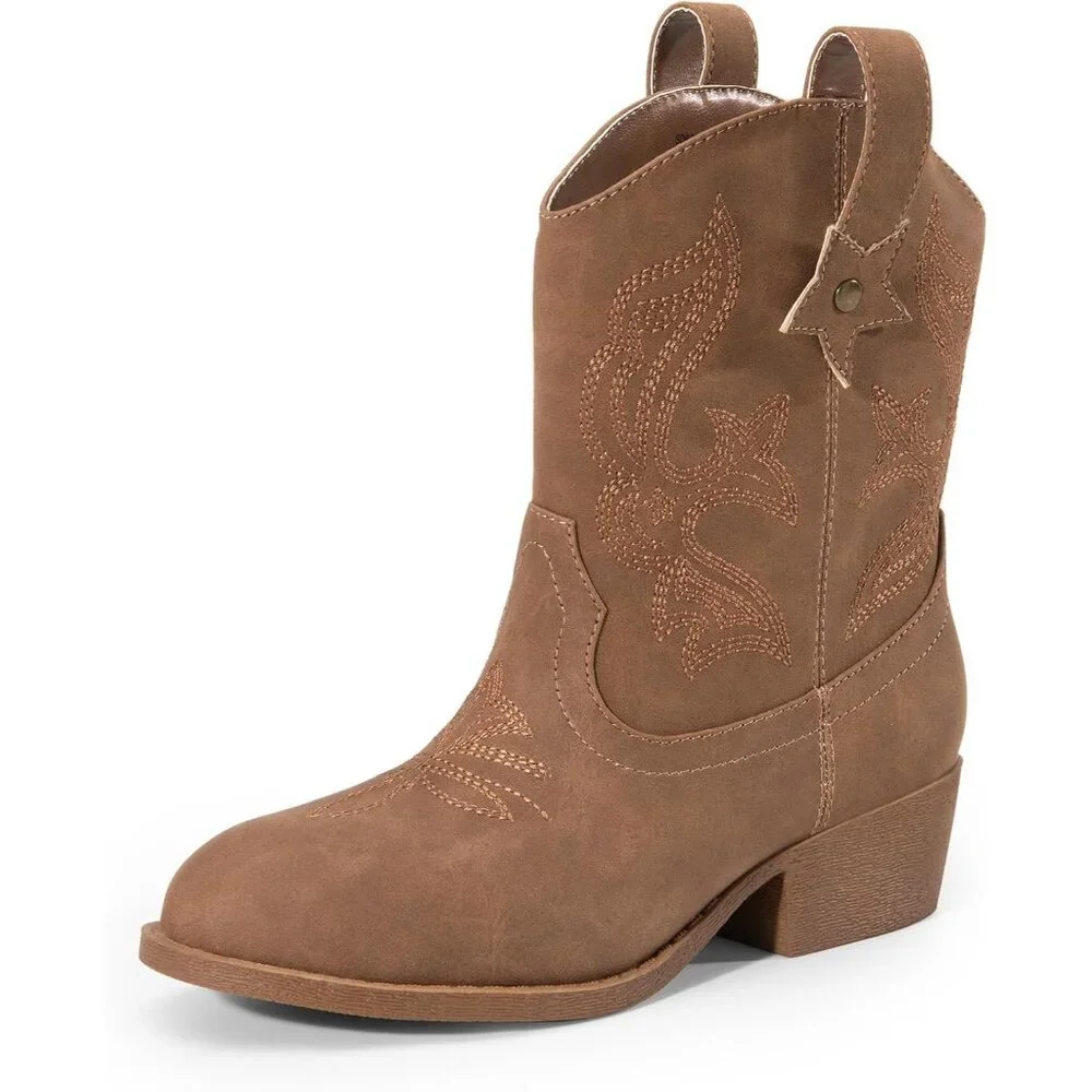 ⚡Girls Camel Cowgirl Boots With Low Heel Western Embroidered Fashion Mid Calf